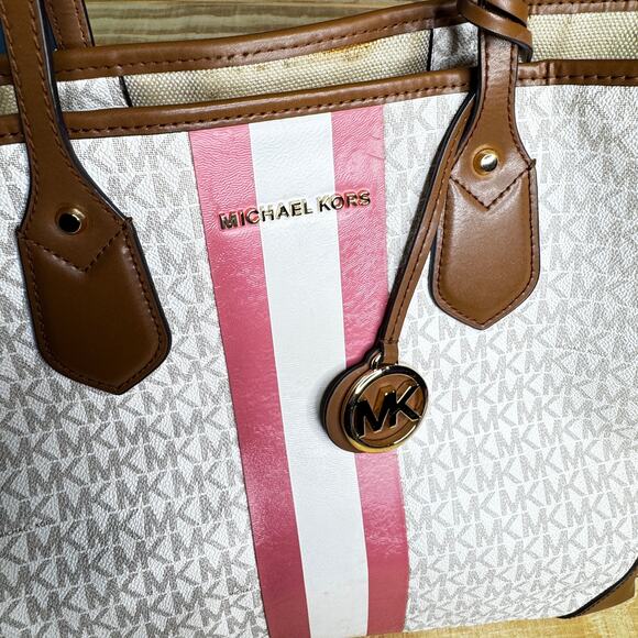 Michael Kors Eva Large Tote White/Ivory Pink Stripe Coated Canvas Purse Bag - Picture 2 of 13